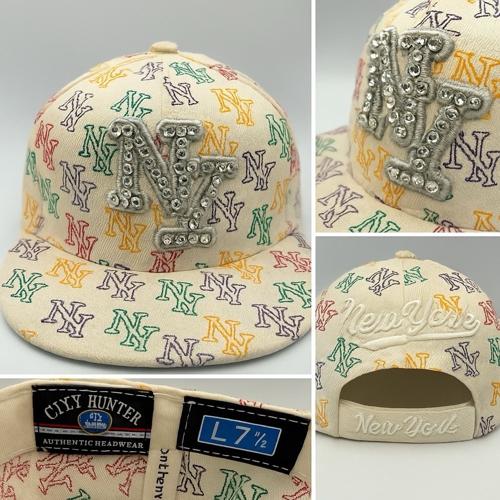 City Hunter NY Hat 7 1/2 White Multicolor Embroidered Fitted Rhinestone Bling